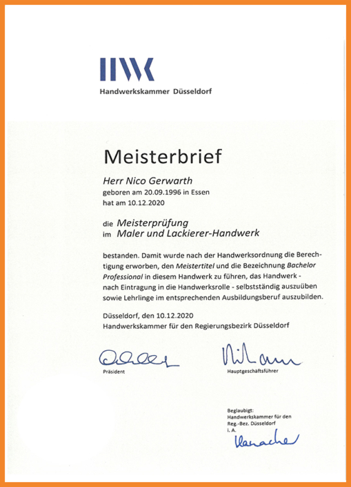 Aurora Immoservice Malermeisterbrief Nico Gerwarth